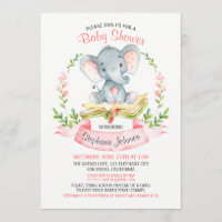 Watercolor Elephant Girl Baby Shower Book Invitation