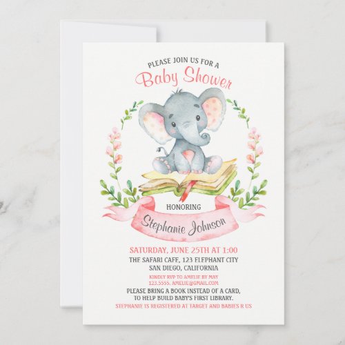 Watercolor Elephant Girl Baby Shower Book Invitation