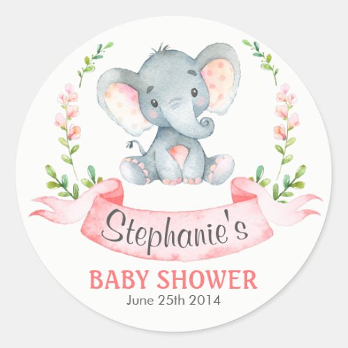 Watercolor Elephant Girl Baby Shower Classic Round Sticker