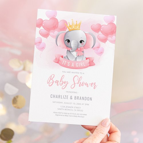 Watercolor Elephant Girl Baby Shower Invitation