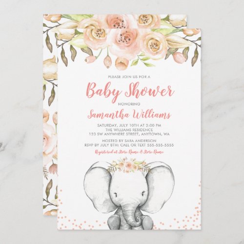 Watercolor Elephant Girl Baby Shower Invitations