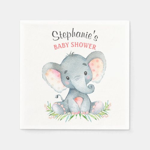 Watercolor Elephant Girl Baby Shower Napkins