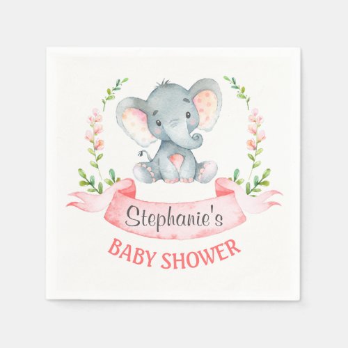 Watercolor Elephant Girl Baby Shower Napkins