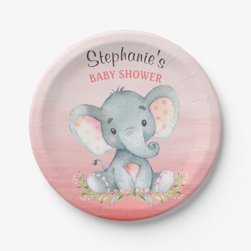 Watercolor Elephant Girl Baby Shower Paper Plates