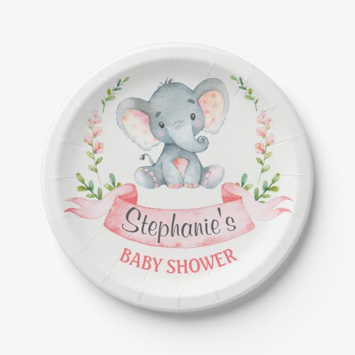 Watercolor Elephant Girl Baby Shower Paper Plates