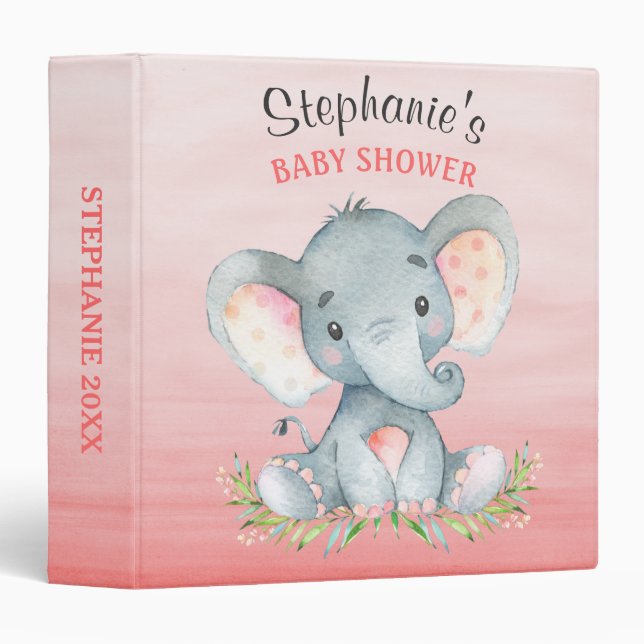 Watercolor Elephant Girl Baby Shower Photo Album Binder (Front/Spine)