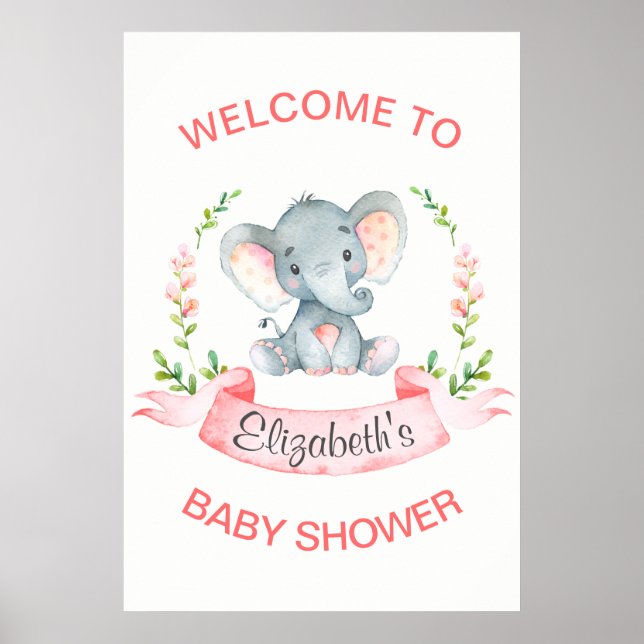 Watercolor Elephant Girl Baby Shower Poster (Front)