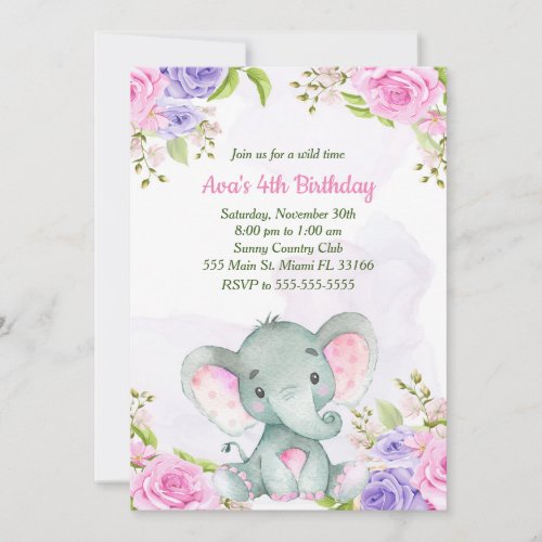 Watercolor Elephant Girl Birthday Invitation