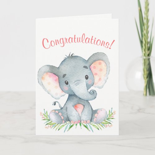 Watercolor Elephant Girl Congratulations Card
