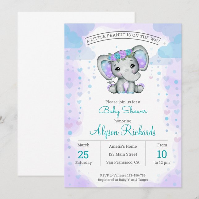 watercolor elephant girl floral Baby Shower  Invitation (Front/Back)