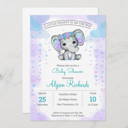 watercolor elephant girl floral Baby Shower  Invitation