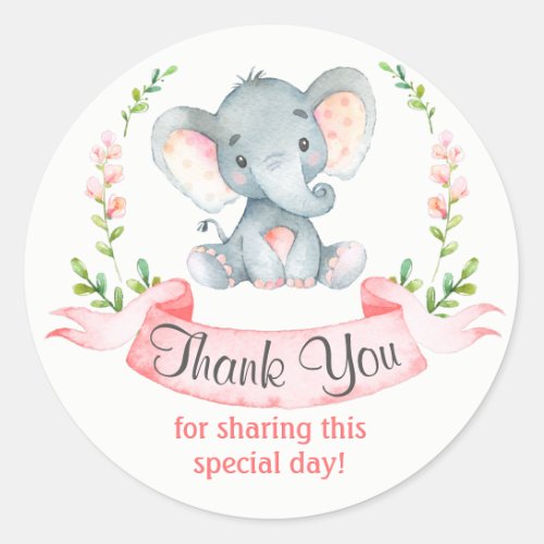 Watercolor Elephant Girl Thank You Classic Round Sticker