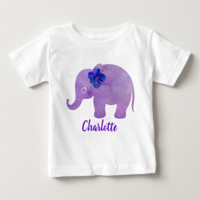 Watercolor Elephant Hibiscus Customizable Baby T-Shirt (Front)