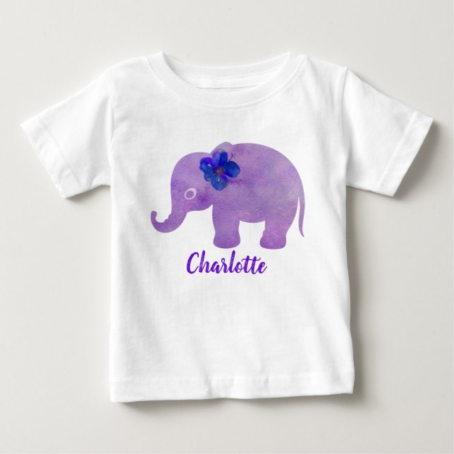 Watercolor Elephant Hibiscus Customizable Baby T-Shirt (Front)