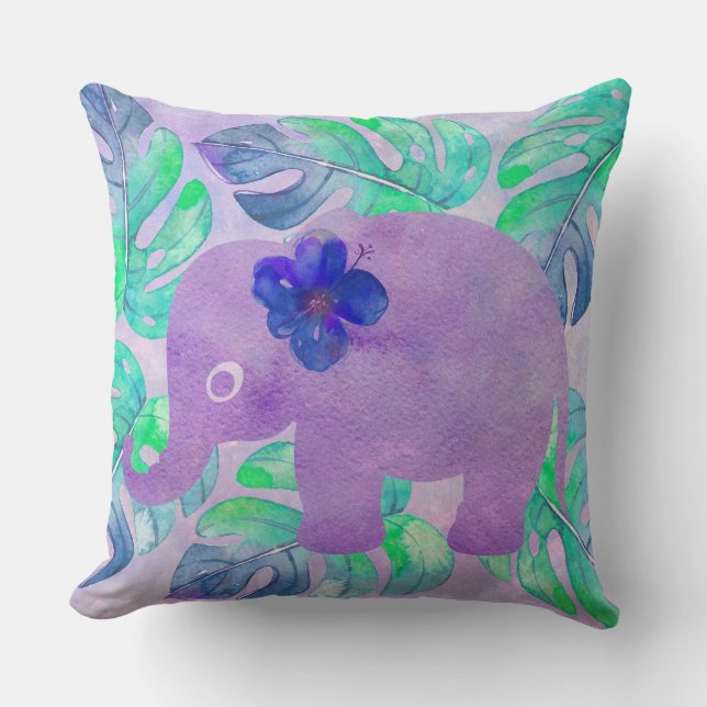 Watercolor Elephant Jungle Monstera Leaf Monogram Throw Pillow (Front)