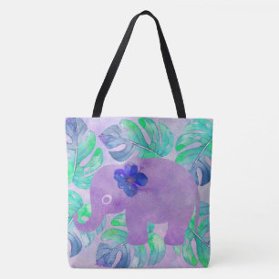 Watercolor Elephant Jungle Monstera Leaf Monogram Tote Bag