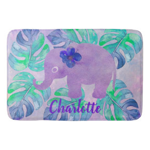 Watercolor Elephant Jungle Tropical Monstera Leaf Bathroom Mat