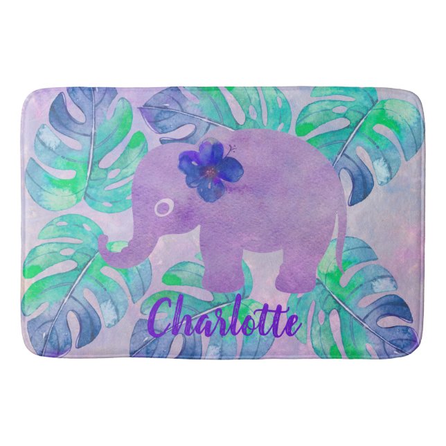 Watercolor Elephant Jungle Tropical Monstera Leaf Bathroom Mat (Front)