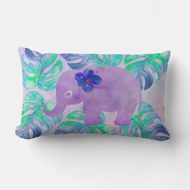 Watercolor Elephant Jungle Tropical Monstera Leaf Lumbar Pillow (Front)