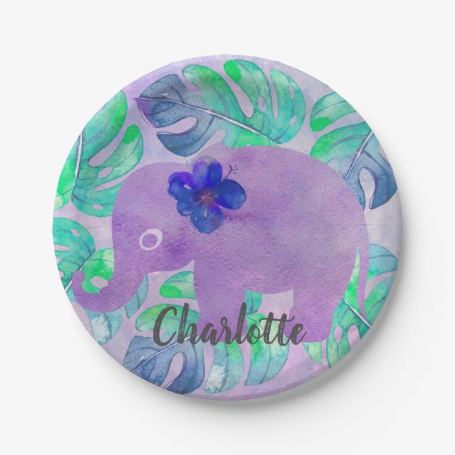 Watercolor Elephant Jungle Tropical Monstera Leaf Paper Plates (Front)