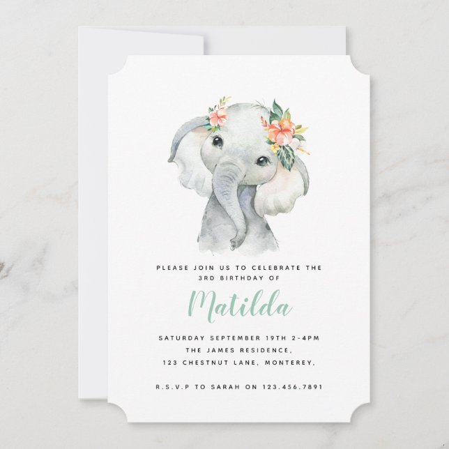 Watercolor elephant little girl birthday party (Front)