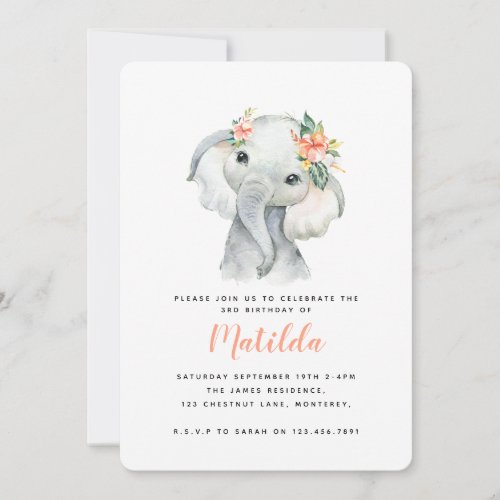 Watercolor elephant little girl birthday party