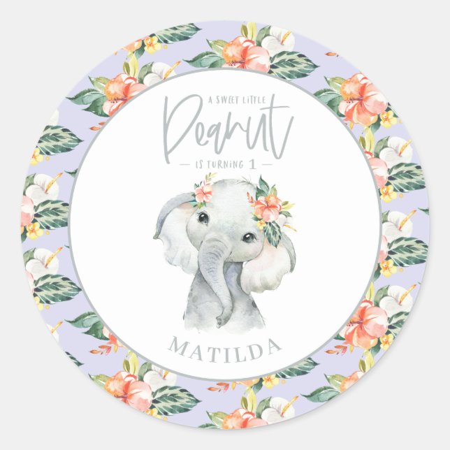 Watercolor elephant little peanut birthday party classic round sticker (Front)