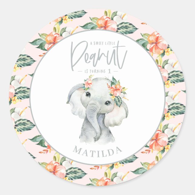 Watercolor elephant little peanut birthday party classic round sticker (Front)