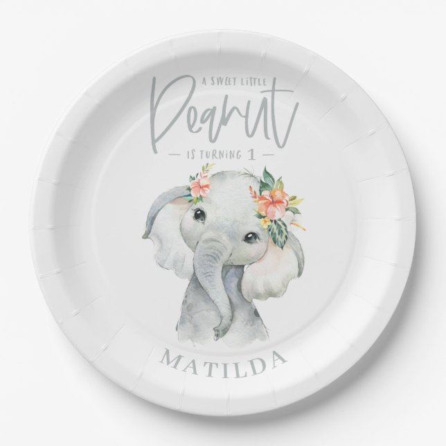 Watercolor elephant little peanut birthday party paper plates (Front)