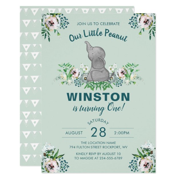 Watercolor Elephant Mint Green Floral 1st Birthday Invitation