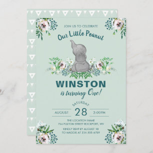 Watercolor Elephant Mint Green Floral 1st Birthday Invitation