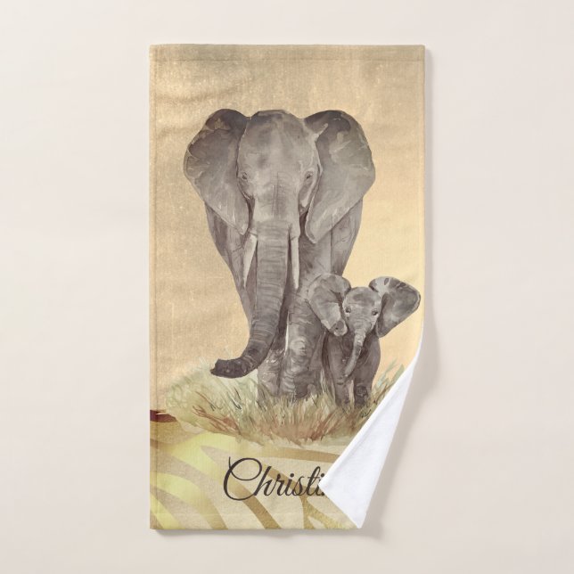 Watercolor elephant mom and baby custom name hand towel  (Hand Towel)