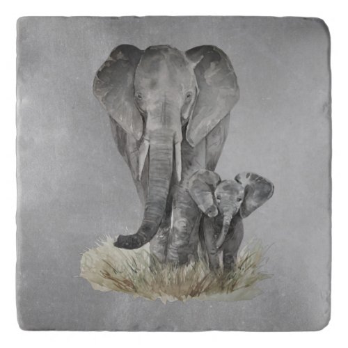 Watercolor Elephant mom and baby gradient grey Trivet