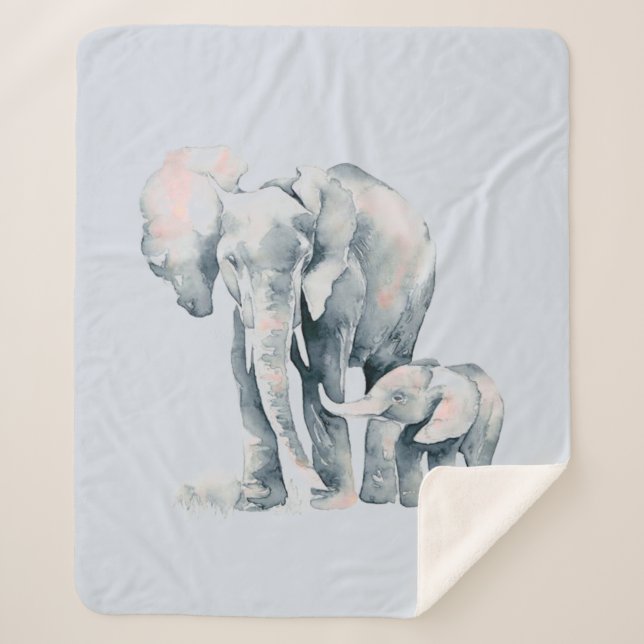 Watercolor Elephant Mom & Calf Animal Wildlife Art Sherpa Blanket (Front)