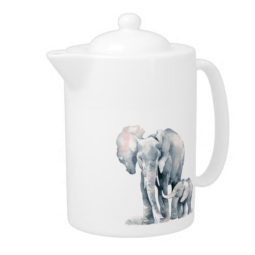 Watercolor Elephant Mother  Baby Animal art Teapot