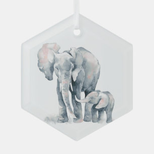 Watercolor Elephant Parent Wildlife Animal Nature Glass Ornament