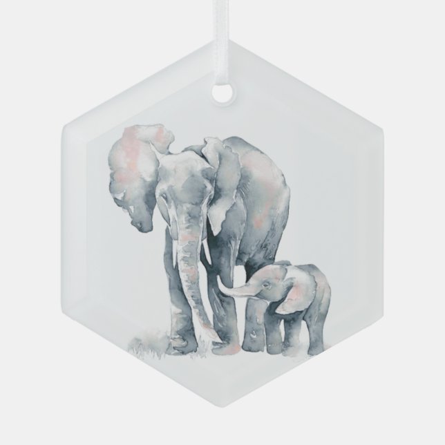 Watercolor Elephant Parent Wildlife Animal Nature Glass Ornament (Front)