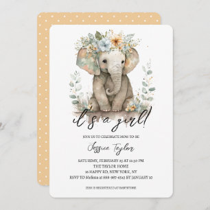 Watercolor Elephant Peach Floral Girl Baby Shower Invitation
