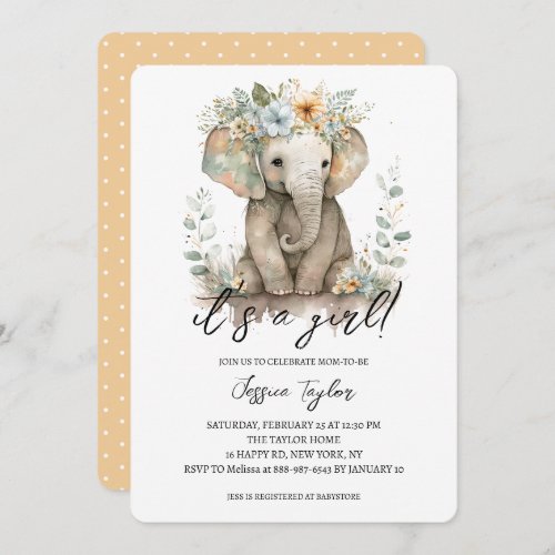 Watercolor Elephant Peach Floral Girl Baby Shower  Invitation