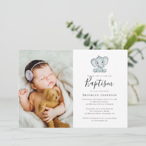 Watercolor Elephant Photo Baptism Invitation