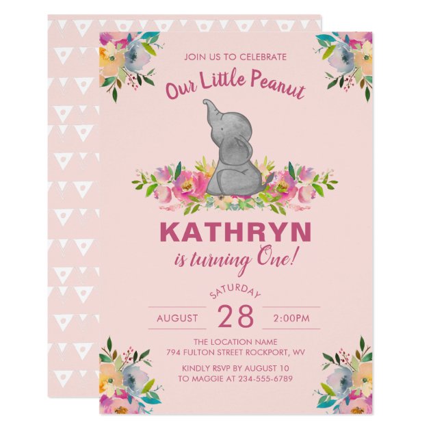 Watercolor Elephant Pink Floral Girl 1st Birthday Invitation
