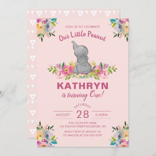 Watercolor Elephant Pink Floral Girl 1st Birthday Invitation