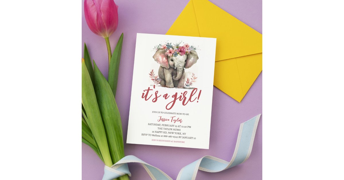 Watercolor Elephant Pink Floral Girl Baby Shower Invitation | Zazzle