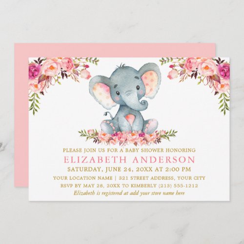 Watercolor Elephant Pink Floral Gold Baby Shower Invitation