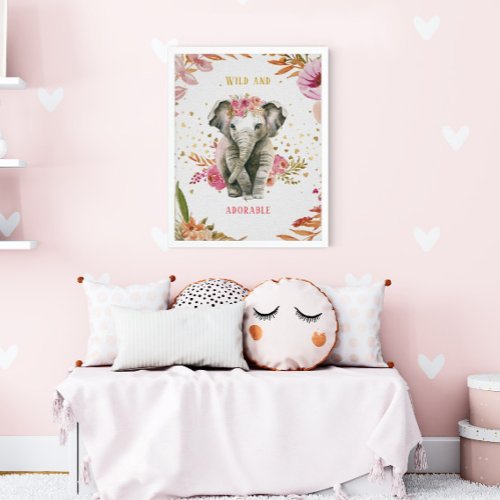 Watercolor Elephant Pink Flowers Girl Nursery Poster