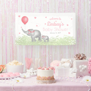 Watercolor Elephant Pink Heart Baby Shower Welcome Banner