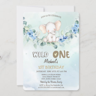 Watercolor Elephant Roses Leaves 1st Invitation