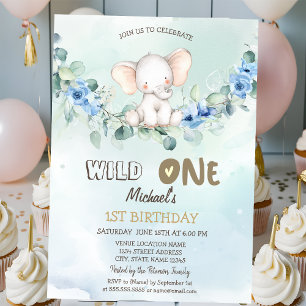 Watercolor Elephant Roses Leaves 1st Invitation