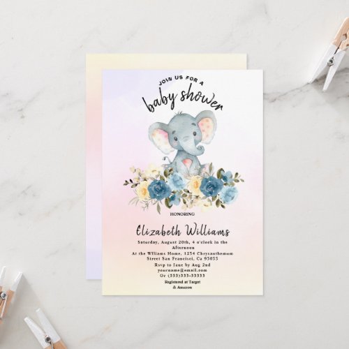 Watercolor Elephant Roses Pink Blue Baby shower  I Invitation