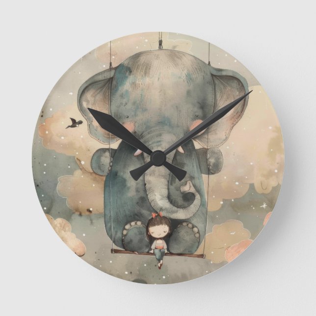 "Watercolor Elephant" Round Clock (Front)